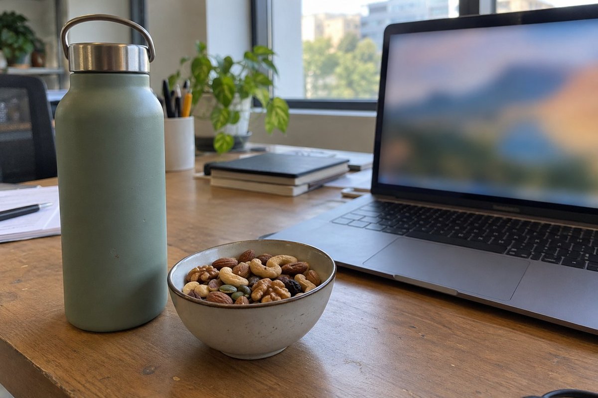Une gourde et un petit bol de noix posés sur un bureau à côté d’un ordinateur portable