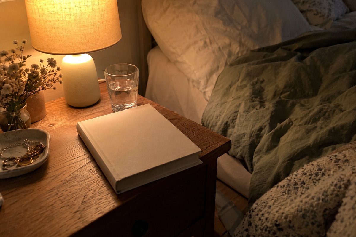 Une table de chevet avec une petite lampe allumée, un livre fermé et un verre d’eau